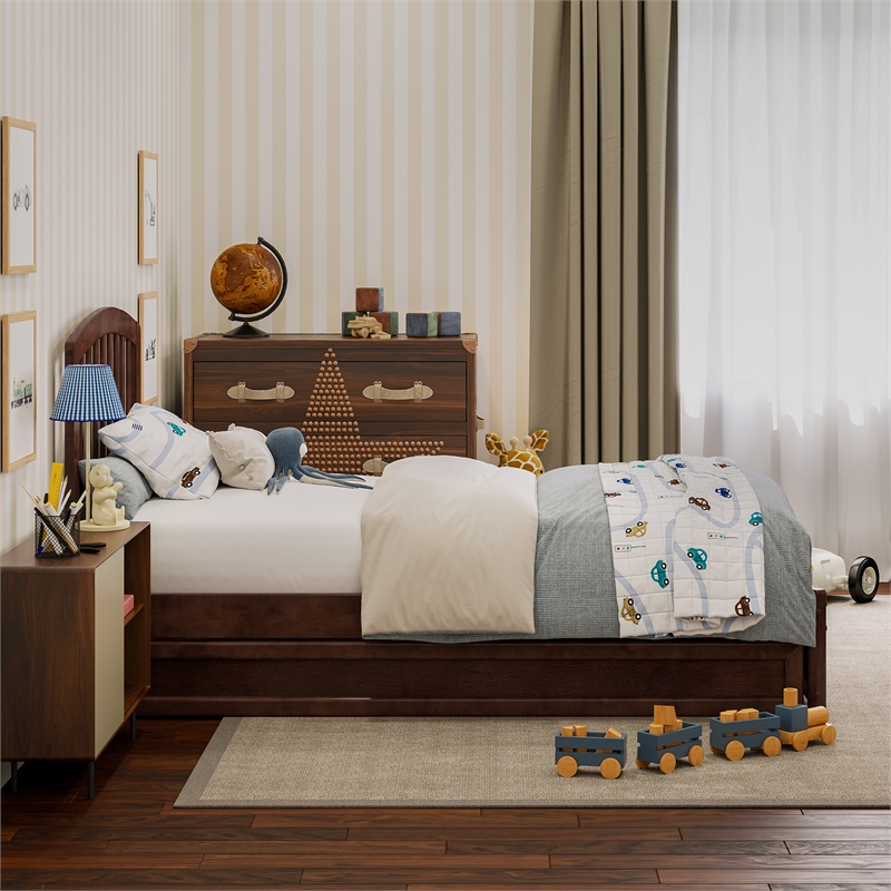 Lucia Twin Wood Platform Bed with Panel Footboard and Twin Trundle in Walnut