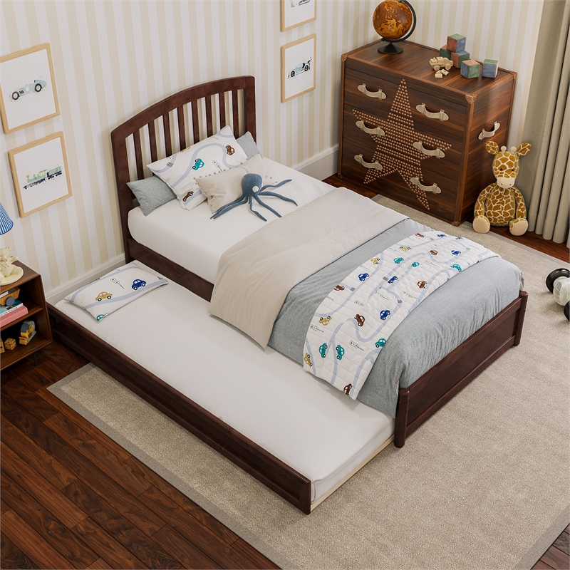 Lucia Twin Wood Platform Bed with Panel Footboard and Twin Trundle in Walnut