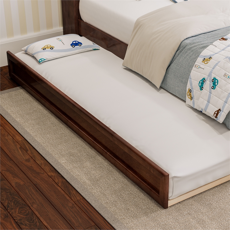 Lucia Twin Wood Platform Bed with Panel Footboard and Twin Trundle in Walnut