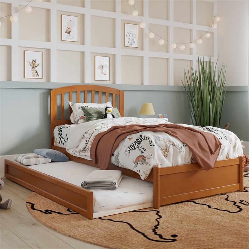 Lucia Twin Wood Platform Bed with Panel Footboard & Twin Trundle in Light Toffee