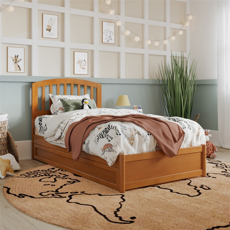 Lucia Twin Wood Platform Bed with Panel Footboard & Twin Trundle in Light Toffee