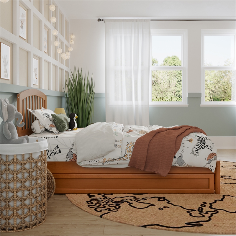 Lucia Twin Wood Platform Bed with Panel Footboard & Twin Trundle in Light Toffee