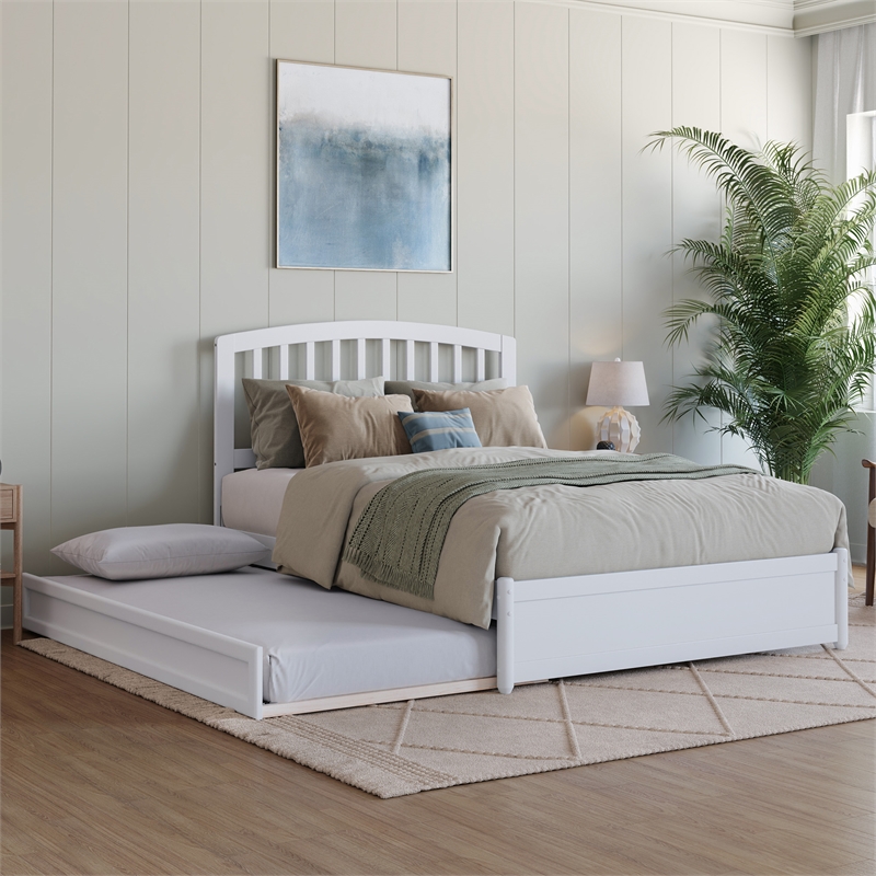 Lucia Full Wood Platform Bed with Panel Footboard and Twin Trundle in White