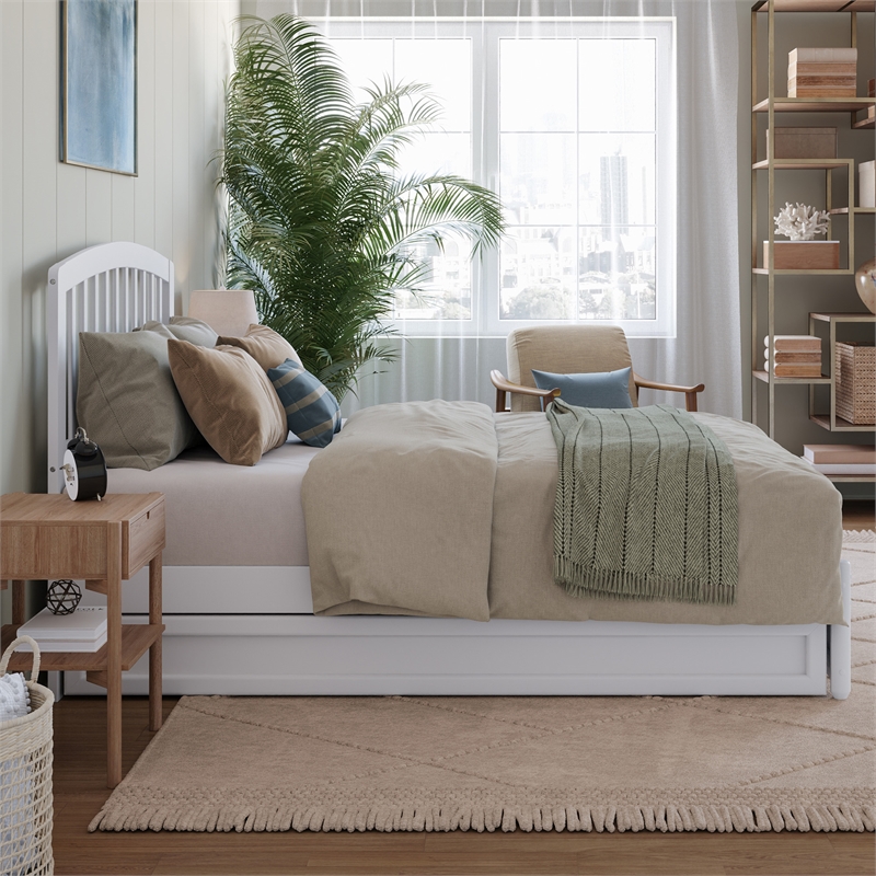 Lucia Full Wood Platform Bed with Panel Footboard and Twin Trundle in White