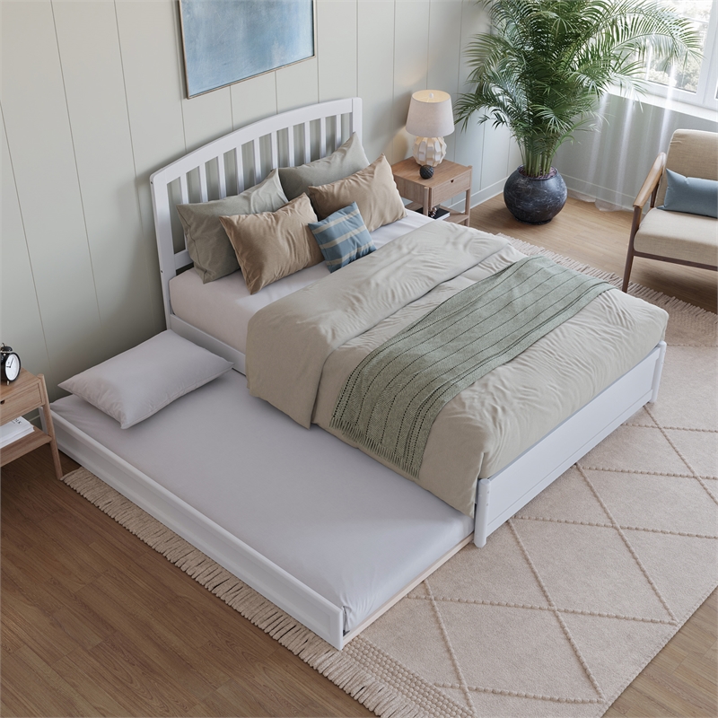 Lucia Full Wood Platform Bed with Panel Footboard and Twin Trundle in White