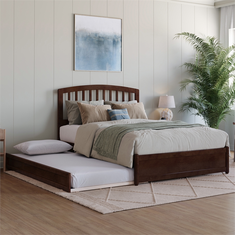 Lucia Full Wood Platform Bed with Panel Footboard and Twin Trundle in Walnut