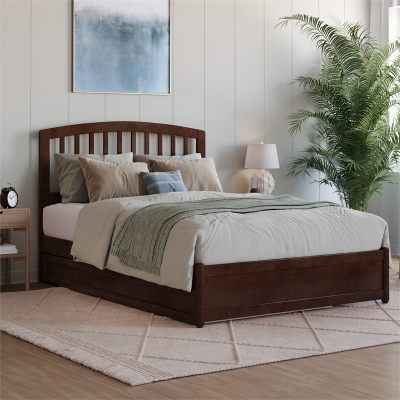 Lucia Full Wood Platform Bed with Panel Footboard and Twin Trundle in Walnut