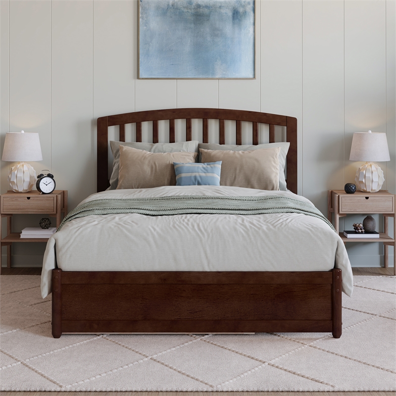 Lucia Full Wood Platform Bed with Panel Footboard and Twin Trundle in Walnut