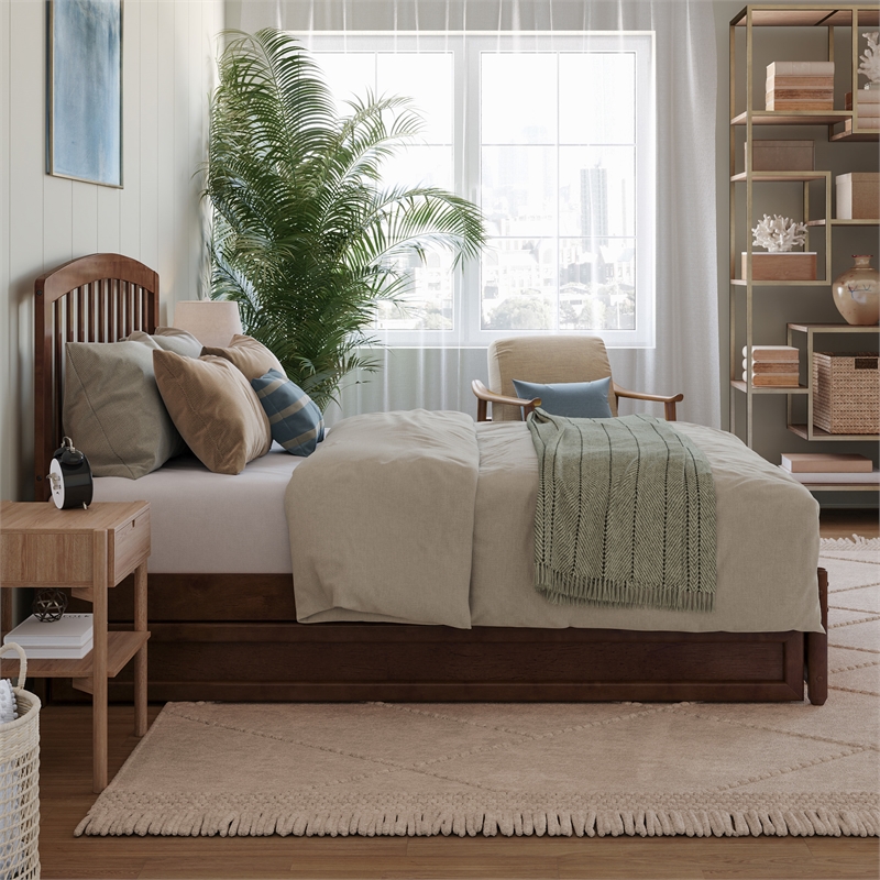 Lucia Full Wood Platform Bed with Panel Footboard and Twin Trundle in Walnut