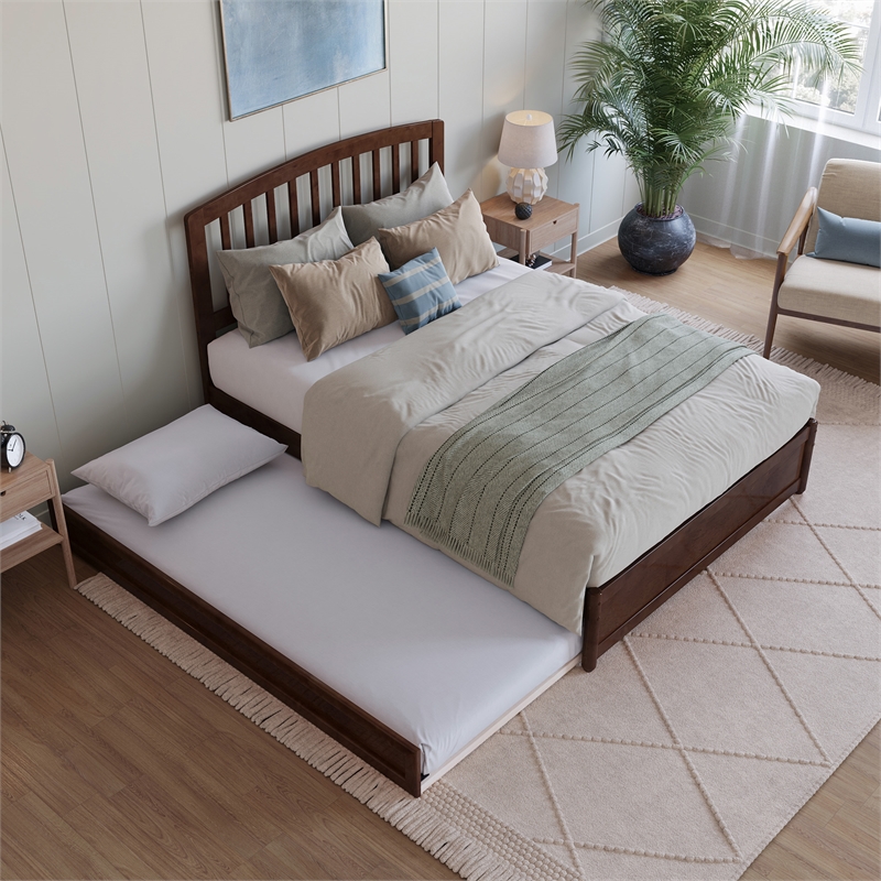 Lucia Full Wood Platform Bed with Panel Footboard and Twin Trundle in Walnut