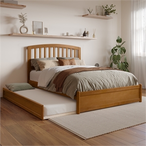 Lucia Full Wood Platform Bed with Panel Footboard & Twin Trundle in Light Toffee