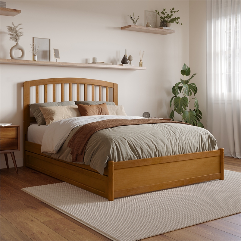 Lucia Full Wood Platform Bed with Panel Footboard & Twin Trundle in Light Toffee