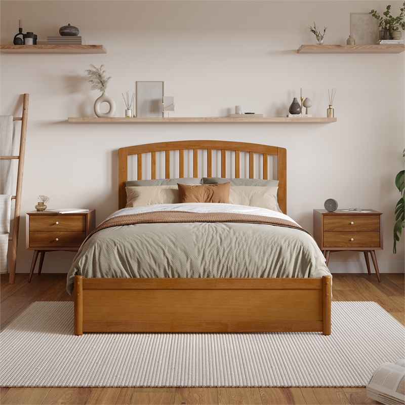 Lucia Full Wood Platform Bed with Panel Footboard & Twin Trundle in Light Toffee