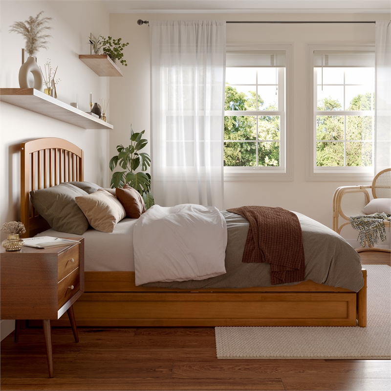 Lucia Full Wood Platform Bed with Panel Footboard & Twin Trundle in Light Toffee