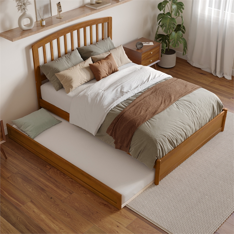 Lucia Full Wood Platform Bed with Panel Footboard & Twin Trundle in Light Toffee
