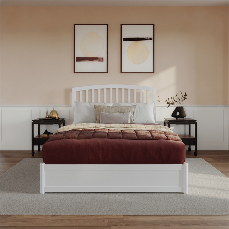 Lucia Queen Wood Platform Bed with Panel Footboard and Twin XL Trundle in White