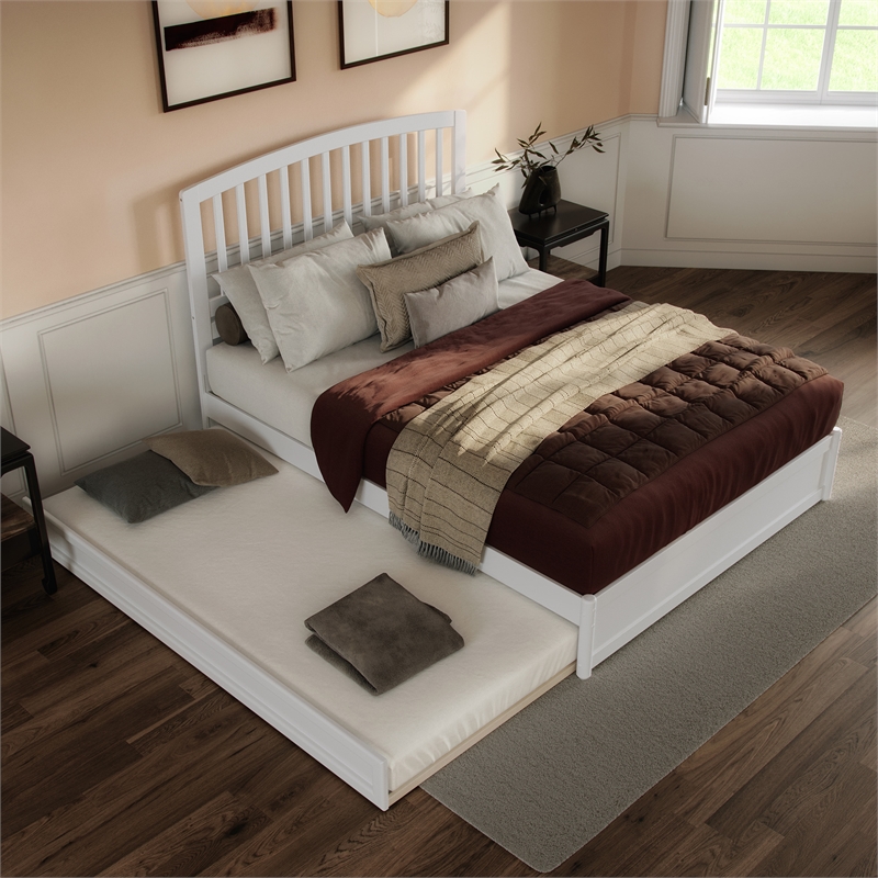 Lucia Queen Wood Platform Bed with Panel Footboard and Twin XL Trundle in White