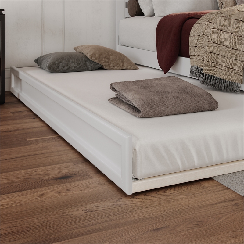 Lucia Queen Wood Platform Bed with Panel Footboard and Twin XL Trundle in White
