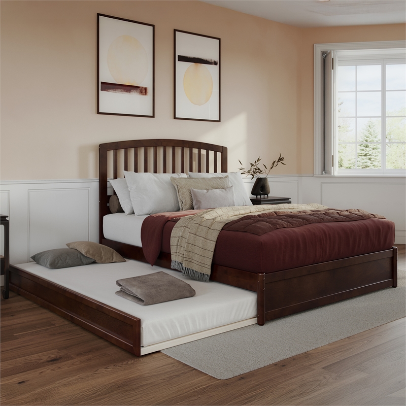 Lucia Queen Wood Platform Bed with Panel Footboard and Twin XL Trundle in Walnut