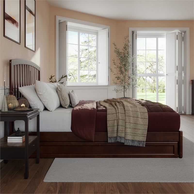 Lucia Queen Wood Platform Bed with Panel Footboard and Twin XL Trundle in Walnut