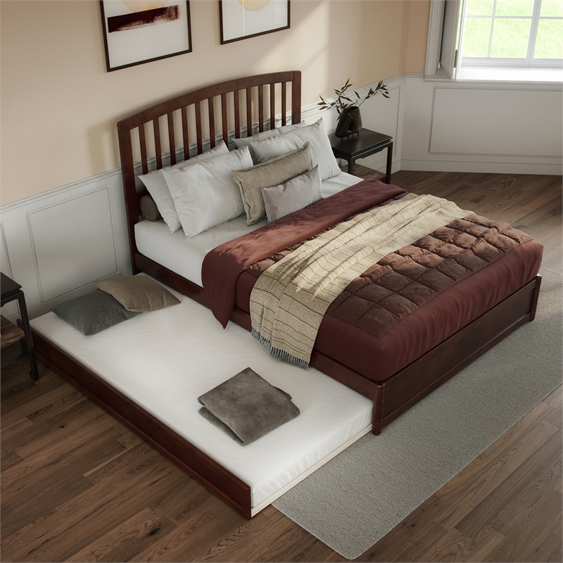 Lucia Queen Wood Platform Bed with Panel Footboard and Twin XL Trundle in Walnut