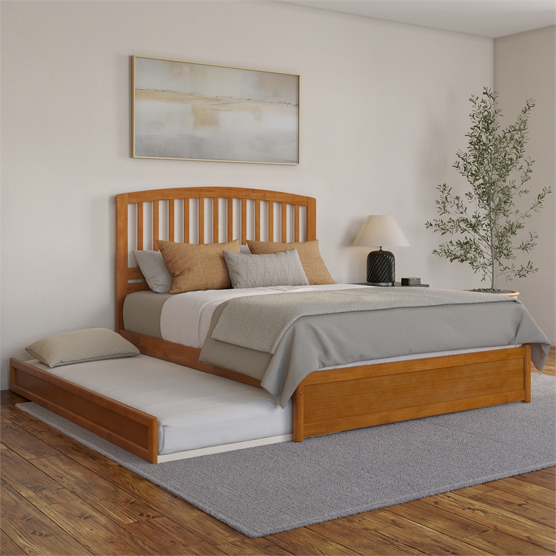 Lucia Queen Wood Platform Bed with Panel Footboard & TXL Trundle in Light Toffee