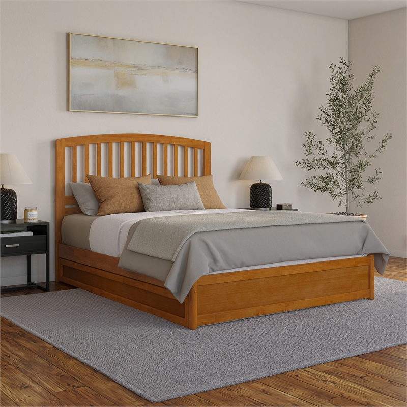 Lucia Queen Wood Platform Bed with Panel Footboard & TXL Trundle in Light Toffee