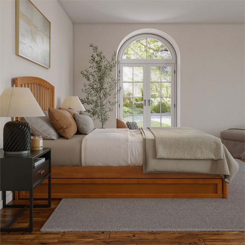 Lucia Queen Wood Platform Bed with Panel Footboard & TXL Trundle in Light Toffee