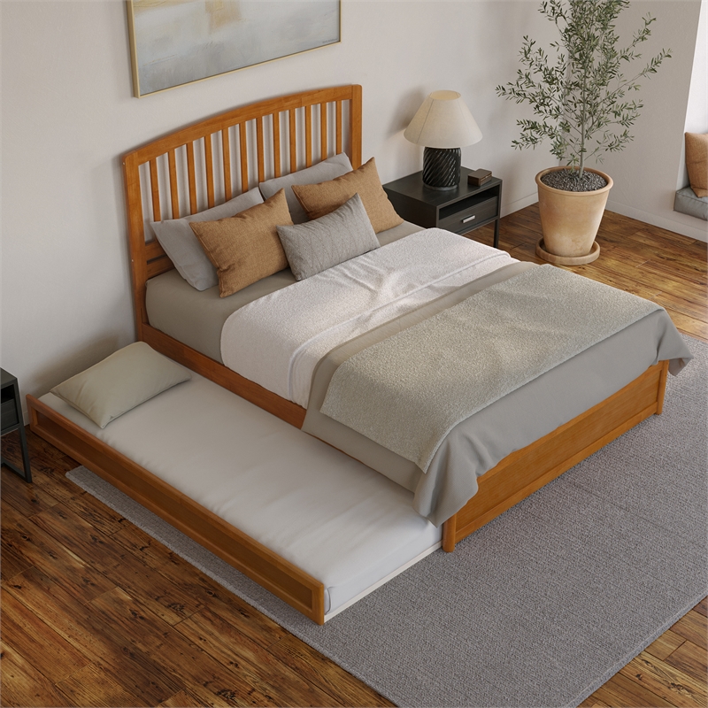 Lucia Queen Wood Platform Bed with Panel Footboard & TXL Trundle in Light Toffee