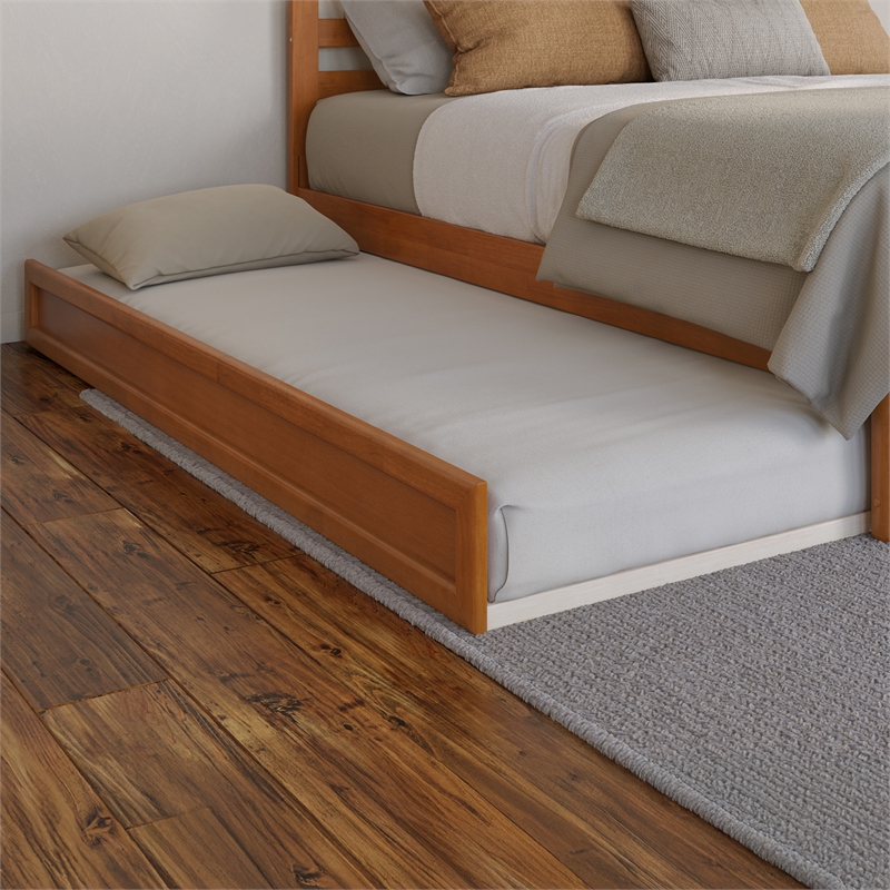 Lucia Queen Wood Platform Bed with Panel Footboard & TXL Trundle in Light Toffee