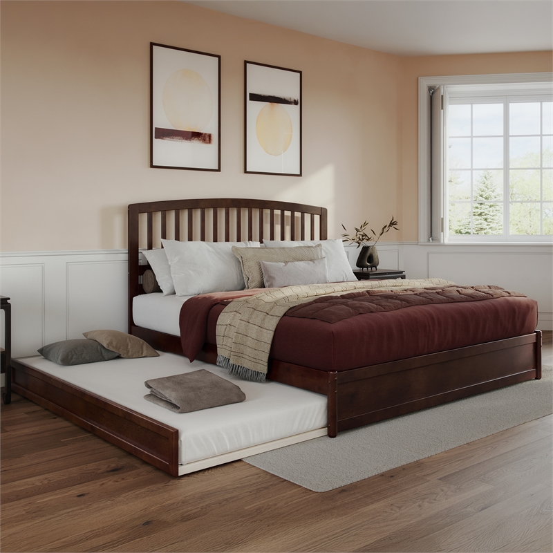 Lucia King Wood Platform Bed with Panel Footboard and Twin XL Trundle in Walnut