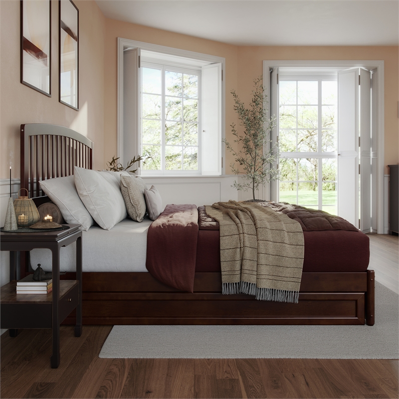 Lucia King Wood Platform Bed with Panel Footboard and Twin XL Trundle in Walnut