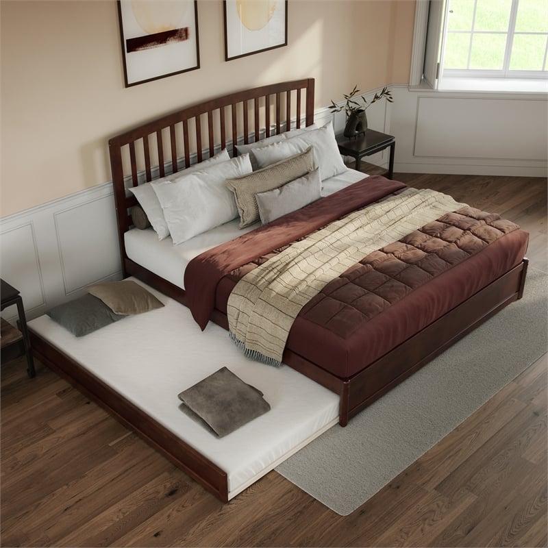 Lucia King Wood Platform Bed with Panel Footboard and Twin XL Trundle in Walnut