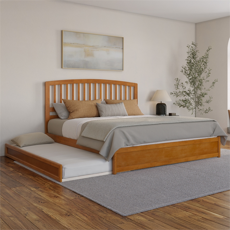 Lucia King Wood Platform Bed with Panel Footboard & TXL Trundle in Light Toffee
