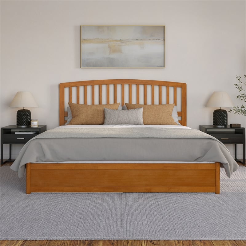 Lucia King Wood Platform Bed with Panel Footboard & TXL Trundle in Light Toffee