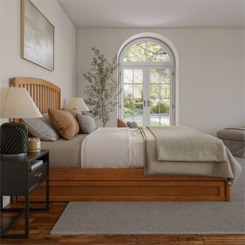 Lucia King Wood Platform Bed with Panel Footboard & TXL Trundle in Light Toffee