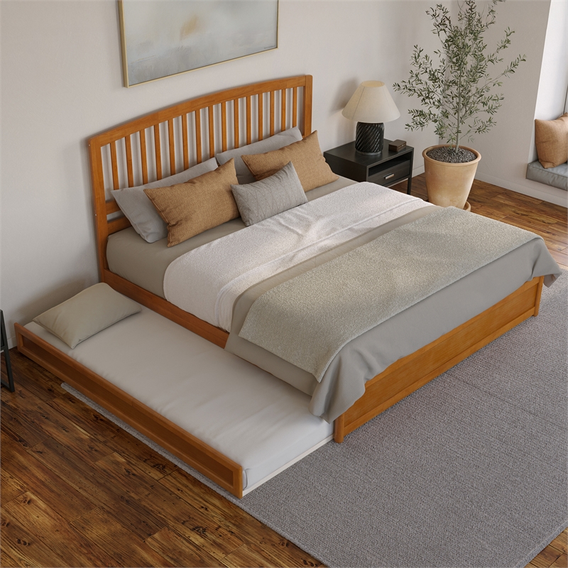 Lucia King Wood Platform Bed with Panel Footboard & TXL Trundle in Light Toffee