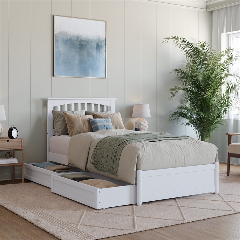 Everett Twin XL Wood Platform Bed with Panel Footboard & Drawers in White