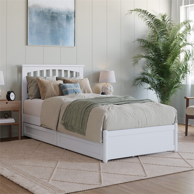 Everett Twin XL Wood Platform Bed with Panel Footboard & Drawers in White