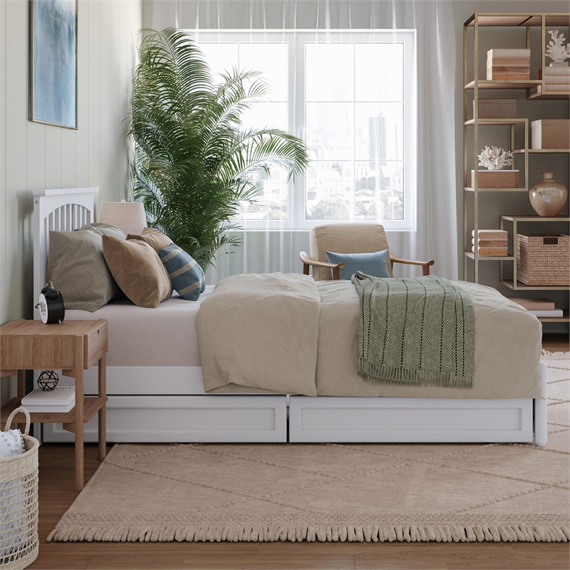 Everett Twin XL Wood Platform Bed with Panel Footboard & Drawers in White