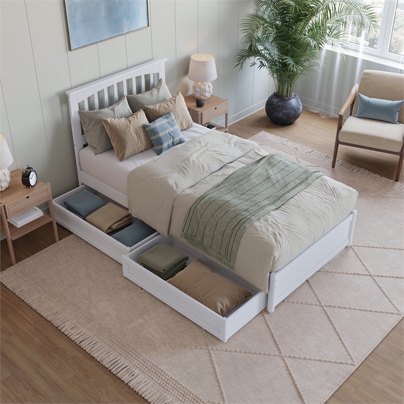 Everett Twin XL Wood Platform Bed with Panel Footboard & Drawers in White