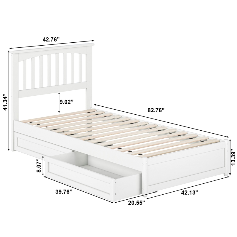 Everett Twin XL Wood Platform Bed with Panel Footboard & Drawers in White