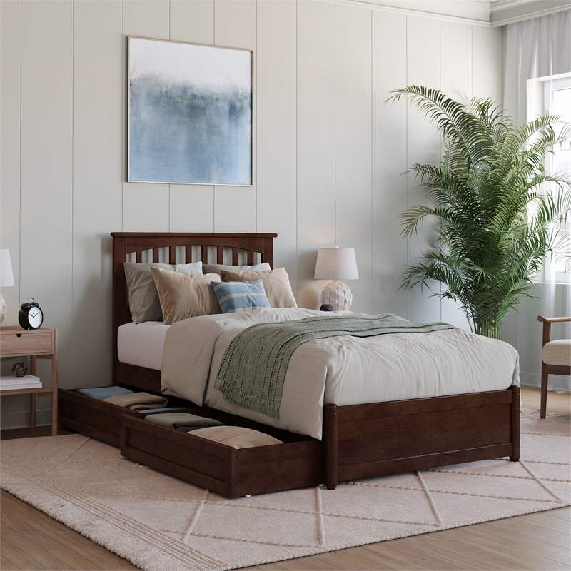 Everett Twin XL Wood Platform Bed with Panel Footboard & Drawers in Walnut