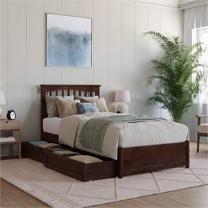 Everett Twin XL Wood Platform Bed with Panel Footboard & Drawers in Walnut