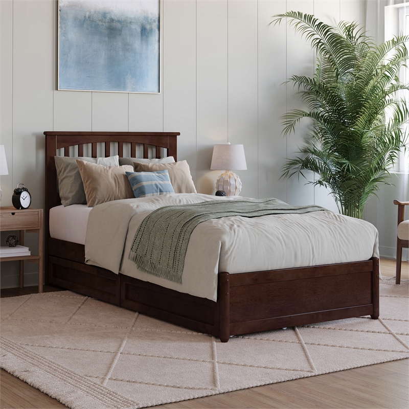 Everett Twin XL Wood Platform Bed with Panel Footboard & Drawers in Walnut