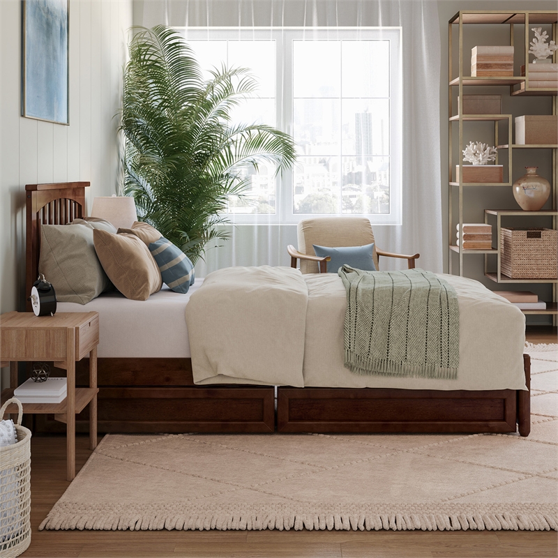 Everett Twin XL Wood Platform Bed with Panel Footboard & Drawers in Walnut