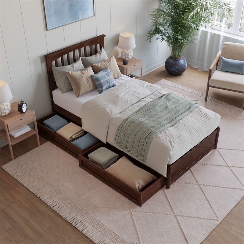 Everett Twin XL Wood Platform Bed with Panel Footboard & Drawers in Walnut