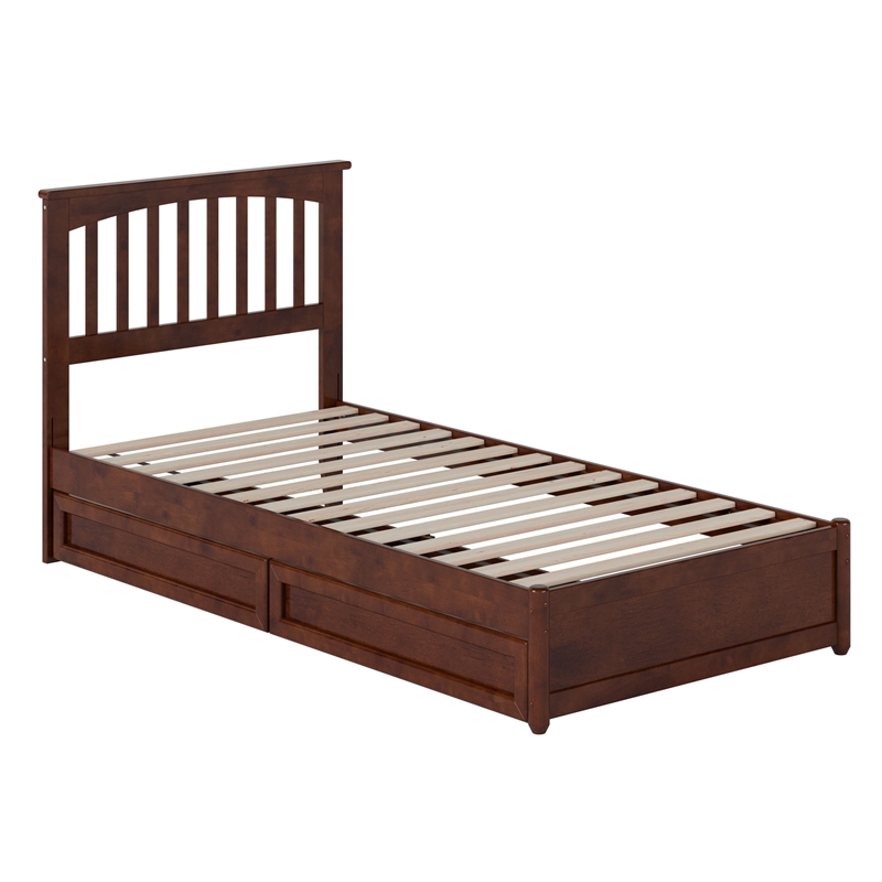 Everett Twin XL Wood Platform Bed with Panel Footboard & Drawers in Walnut