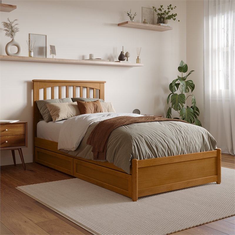 Everett Twin XL Wood Platform Bed with Panel Footboard & Drawers in Light Toffee