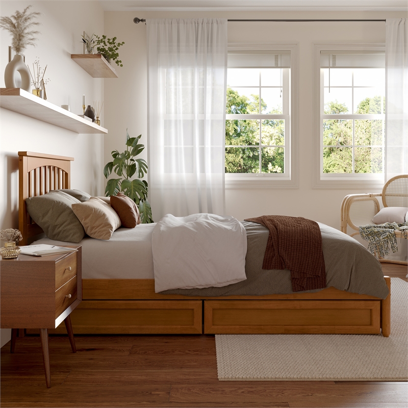 Everett Twin XL Wood Platform Bed with Panel Footboard & Drawers in Light Toffee